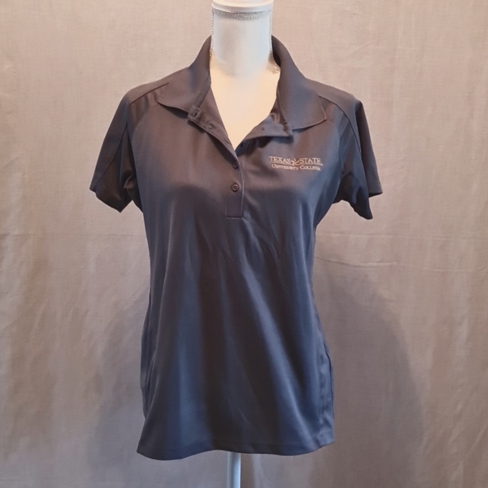 TEXAS STATE UNIVERSITY Ladies L grey polo shirt, 5 Button, collar, colle…